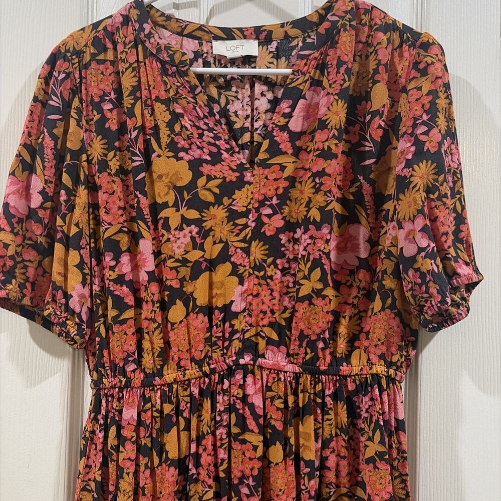 LOFT Floral Sundress Short Sleeve V-Neck 100% Rayon Black Pink Orange Size S